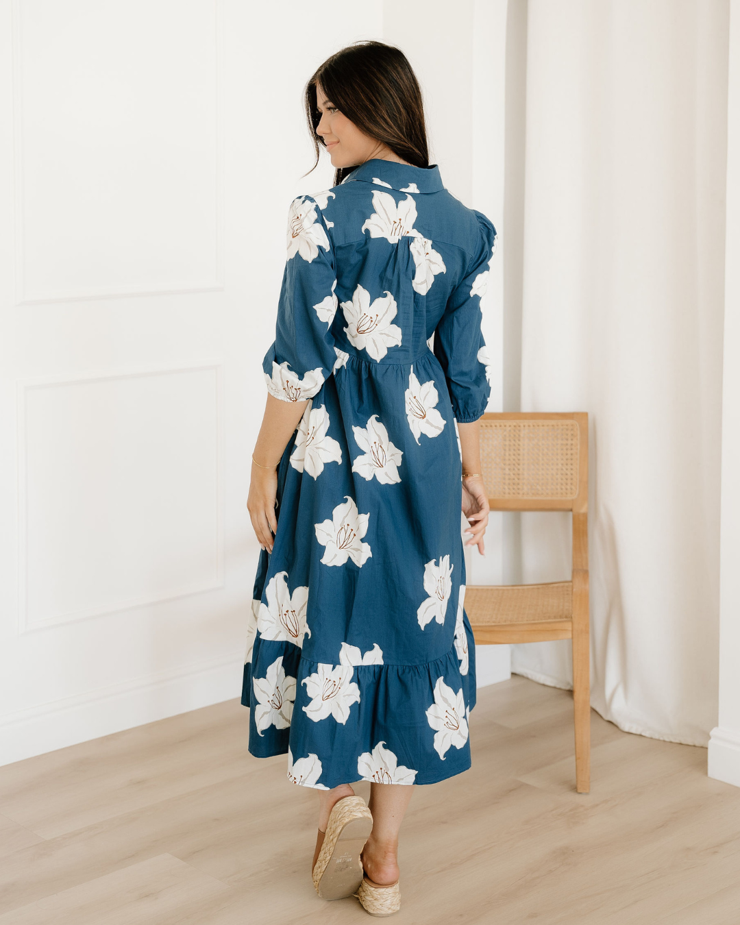 Winslet Floral Shirt Collar V Neck 3/4 Sleeve Shift Midi Dress